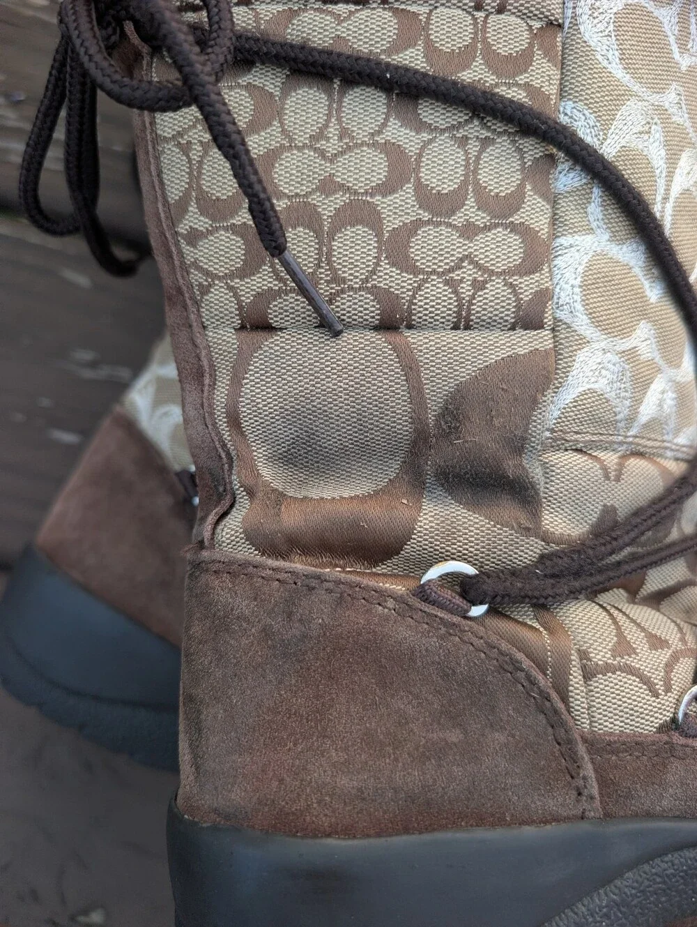 Coach Laurilyn Signature Logo Lace-Up Winter Boots with Gray Shearling Cuffs